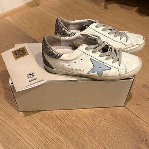 Golden Goose White and Blue Star Sneakers